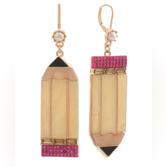 Betsey Johnson Gold Tone Back to School Pencil Mismatch Drop Earrings NWT - Picture 1 of 4